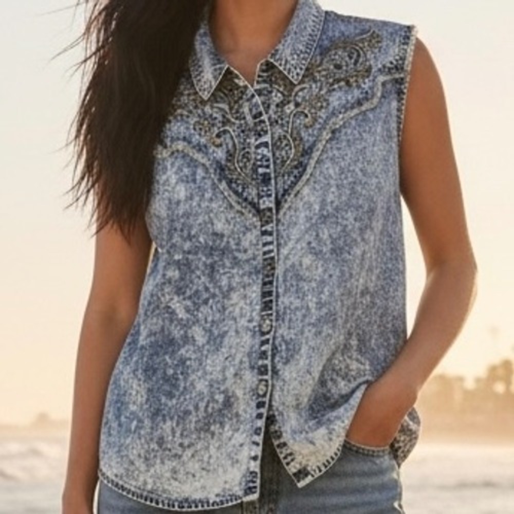 Miss Me Women Denim Top Lace Back Cowgirl Embroidered Beaded Western Blue Sz Lg